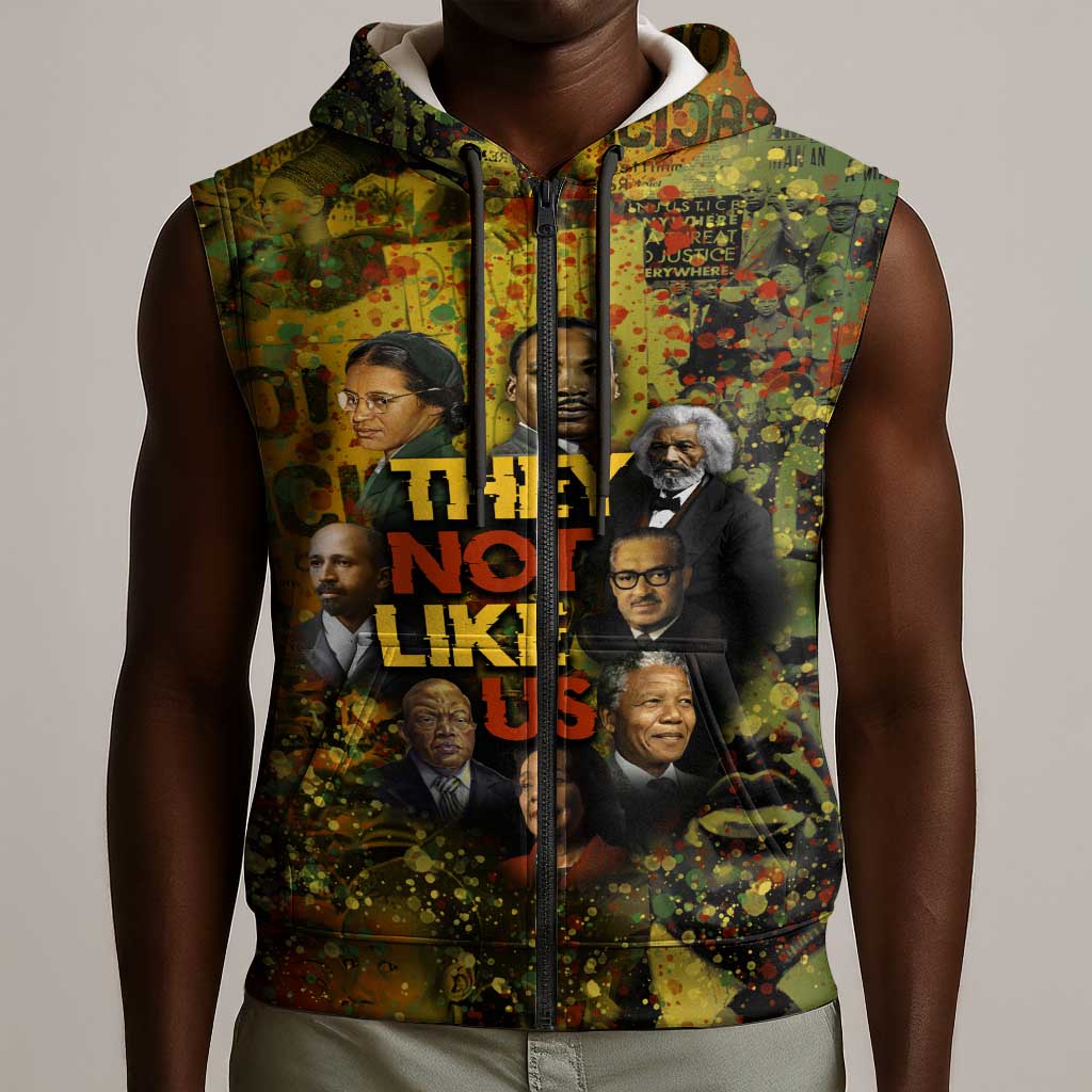 Black History Portrait Collage Sleeveless Zip Hoodie Africa Empowering They Not Like Us Quote in Grunge Paint - African Pride