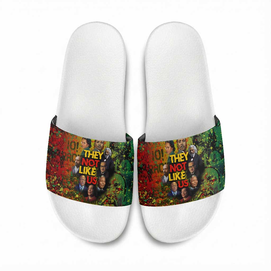 Black History Portrait Collage Slide Sandals Africa Empowering They Not Like Us Quote in Grunge Paint - African Pride