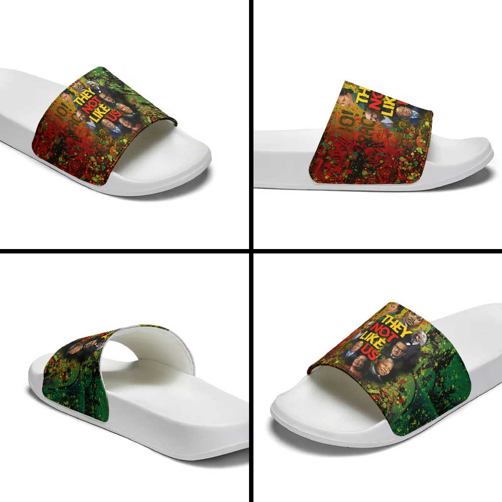 Black History Portrait Collage Slide Sandals Africa Empowering They Not Like Us Quote in Grunge Paint - African Pride