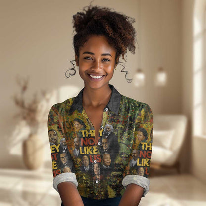 Black History Portrait Collage Women Casual Shirt Africa Empowering They Not Like Us Quote in Grunge Paint - African Pride