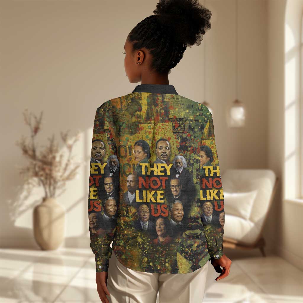 Black History Portrait Collage Women Casual Shirt Africa Empowering They Not Like Us Quote in Grunge Paint - African Pride