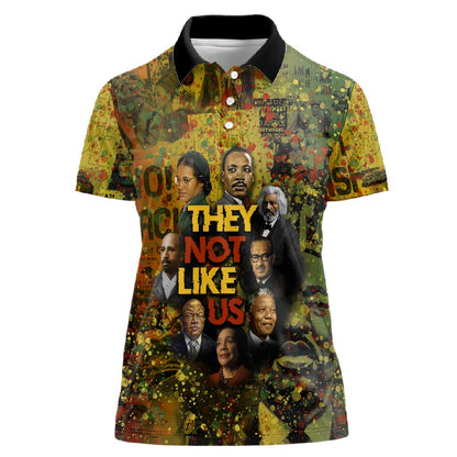 Black History Portrait Collage Women Polo Shirt Africa Empowering They Not Like Us Quote in Grunge Paint - African Pride