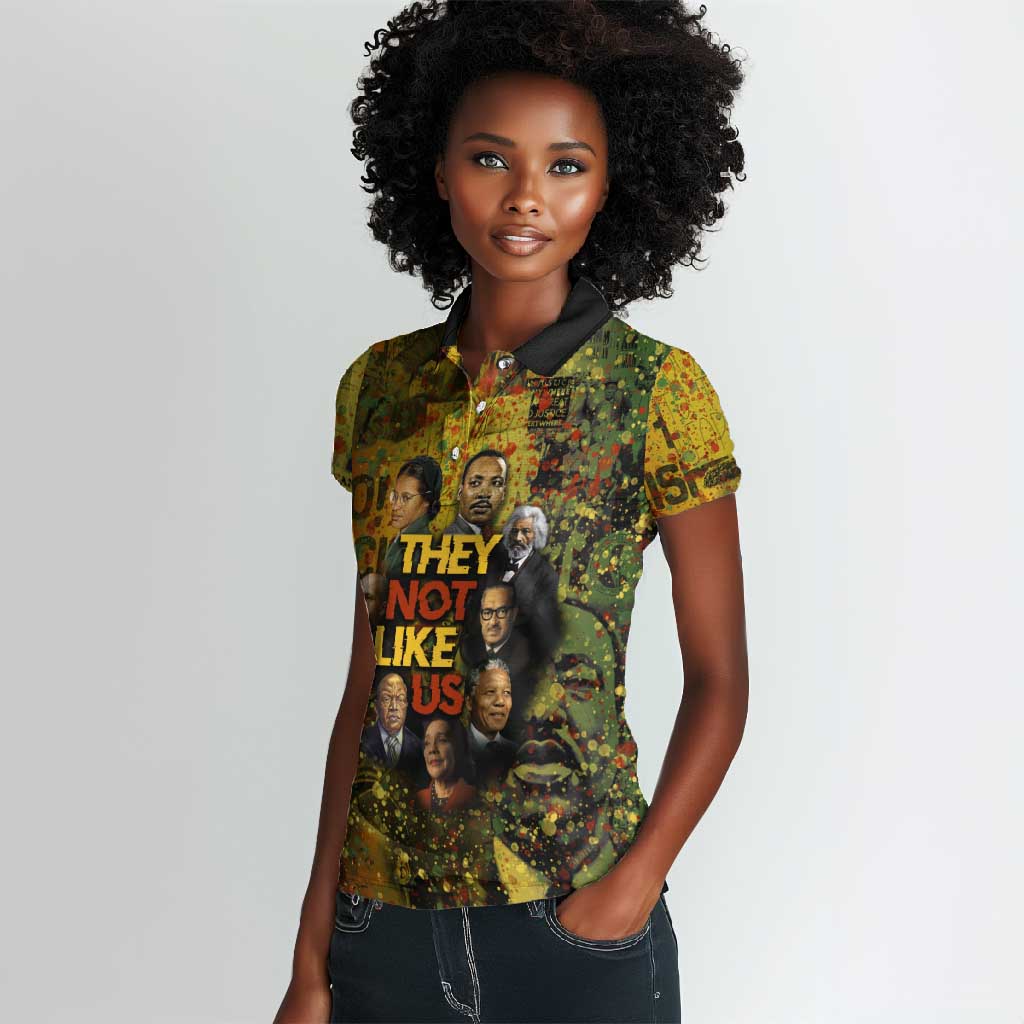 Black History Portrait Collage Women Polo Shirt Africa Empowering They Not Like Us Quote in Grunge Paint - African Pride