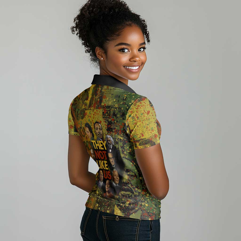 Black History Portrait Collage Women Polo Shirt Africa Empowering They Not Like Us Quote in Grunge Paint - African Pride