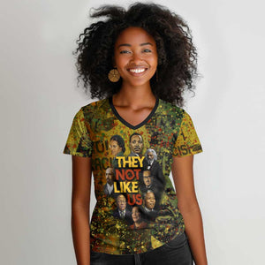 Black History Portrait Collage Women V-Neck T-Shirt Africa Empowering They Not Like Us Quote in Grunge Paint - African Pride