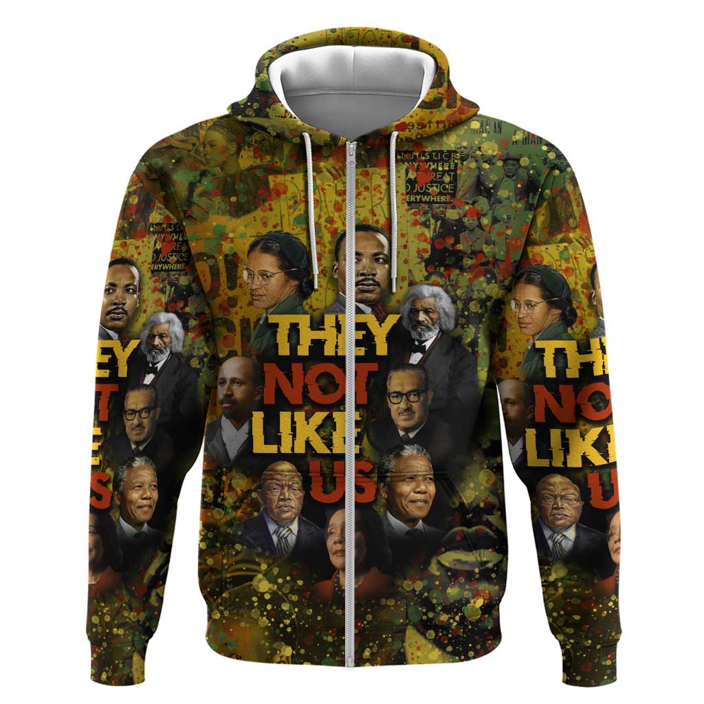 Black History Portrait Collage Zip Hoodie Africa Empowering They Not Like Us Quote in Grunge Paint - African Pride