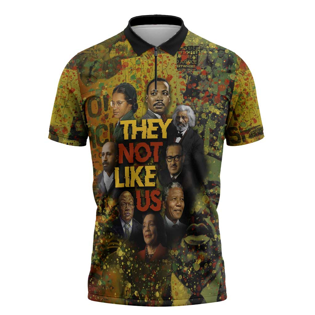 Black History Portrait Collage Zipper Polo Shirt Africa Empowering They Not Like Us Quote in Grunge Paint - African Pride