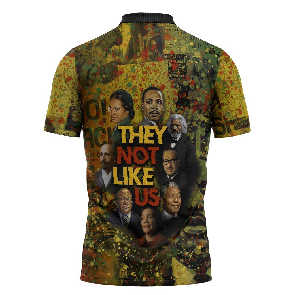 Black History Portrait Collage Zipper Polo Shirt Africa Empowering They Not Like Us Quote in Grunge Paint - African Pride