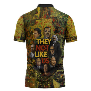 Black History Portrait Collage Zipper Polo Shirt Africa Empowering They Not Like Us Quote in Grunge Paint - African Pride