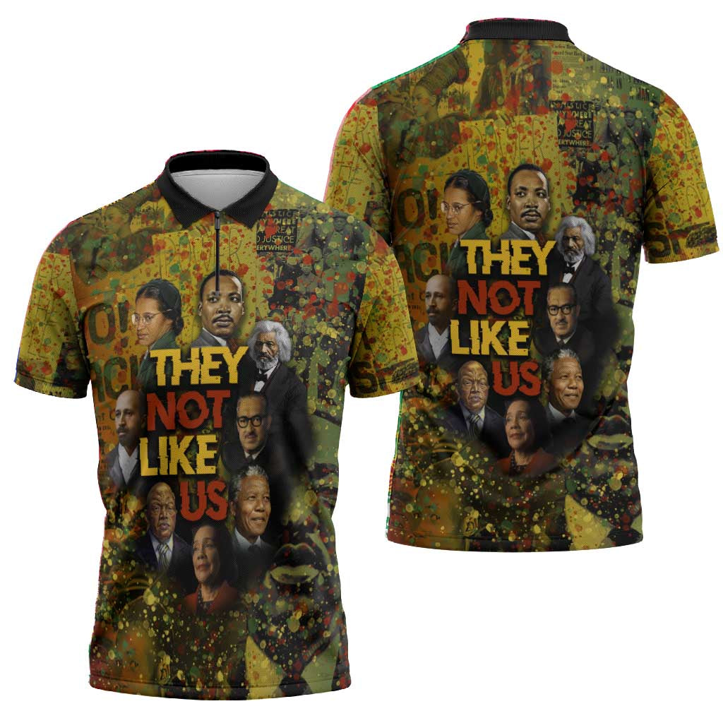 Black History Portrait Collage Zipper Polo Shirt Africa Empowering They Not Like Us Quote in Grunge Paint - African Pride