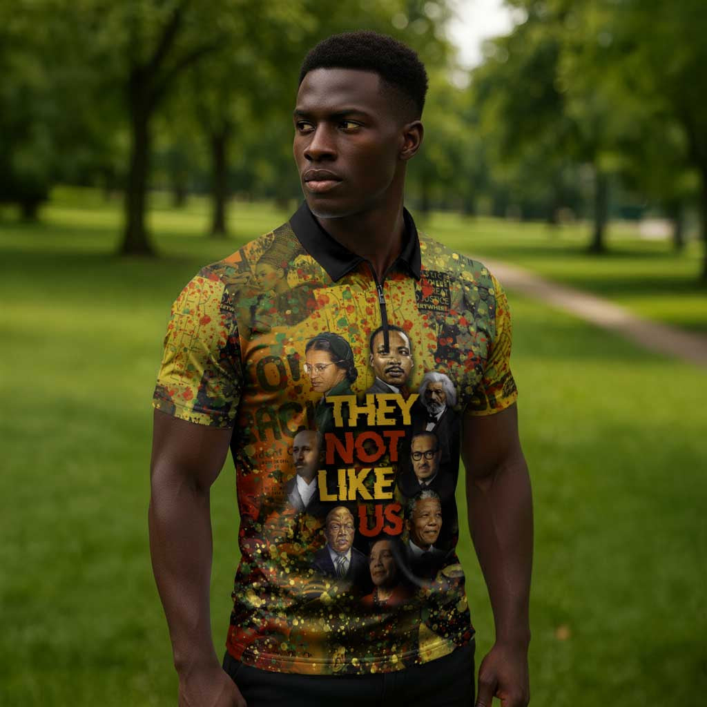 Black History Portrait Collage Zipper Polo Shirt Africa Empowering They Not Like Us Quote in Grunge Paint - African Pride