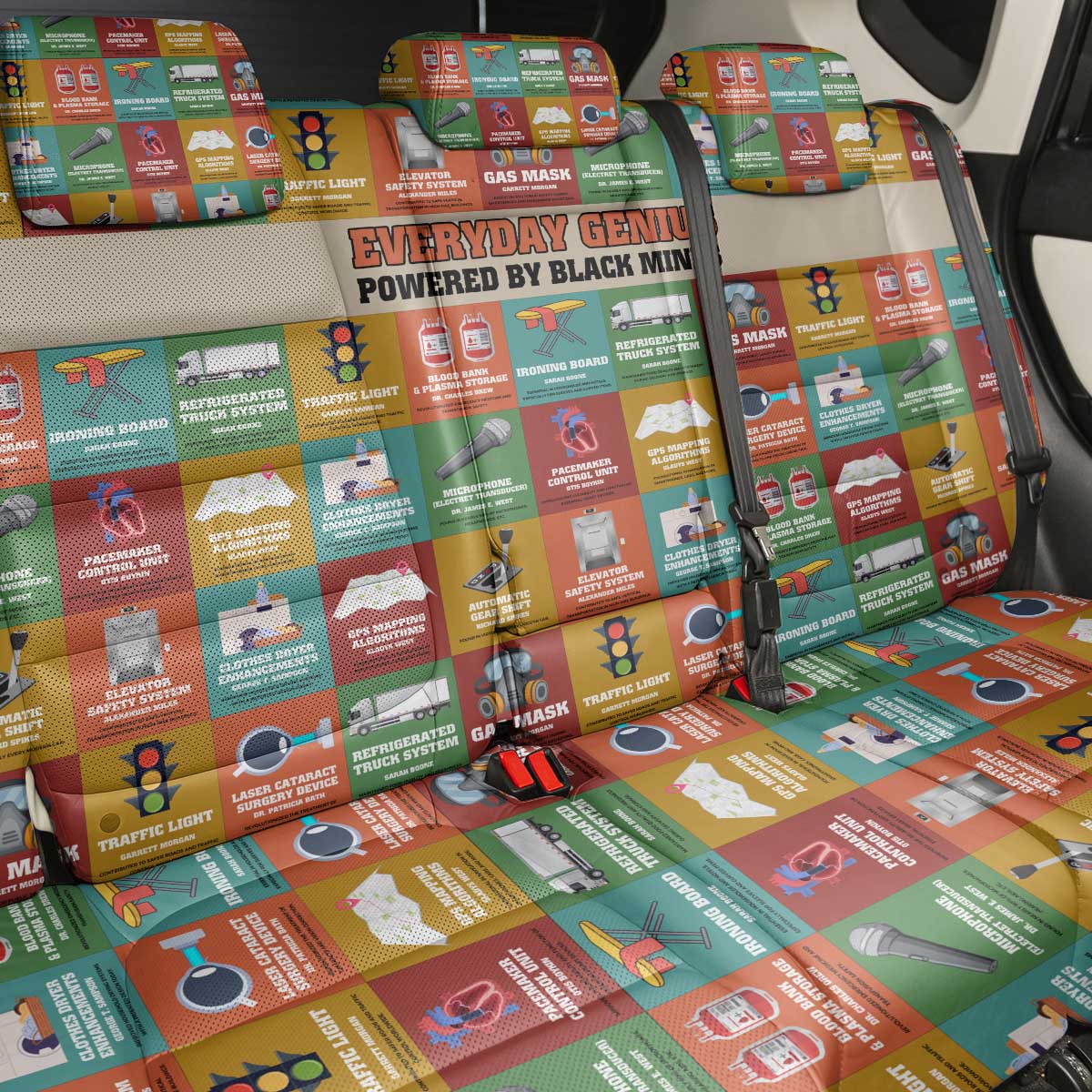 Everyday Genius Powered by Black Minds Back Car Seat Cover with Colorful Invention Icons Pattern - African Pride