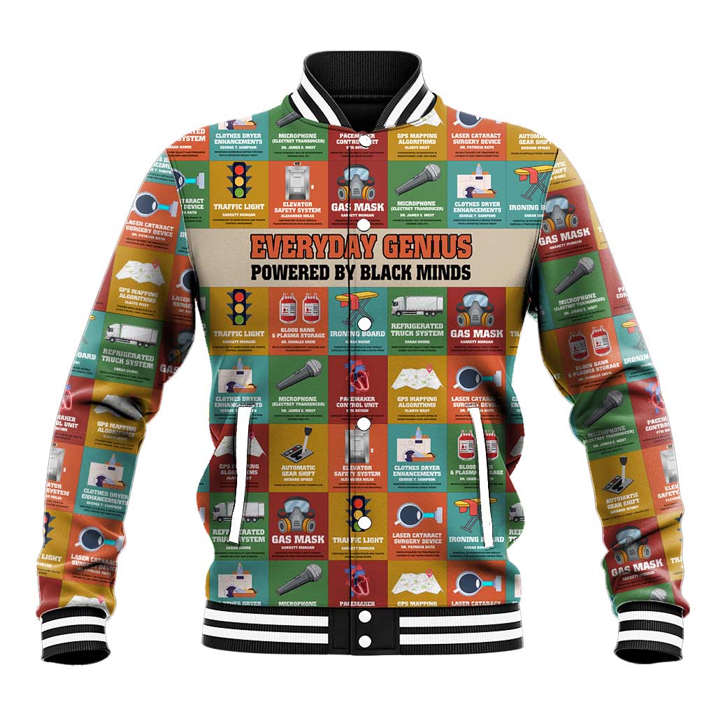 Everyday Genius Powered by Black Minds Baseball Jacket with Colorful Invention Icons Pattern - African Pride