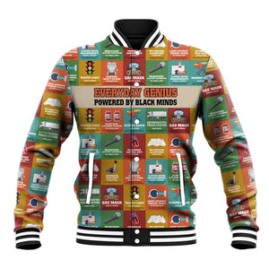 Everyday Genius Powered by Black Minds Baseball Jacket with Colorful Invention Icons Pattern - African Pride