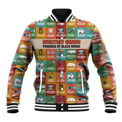 Everyday Genius Powered by Black Minds Baseball Jacket with Colorful Invention Icons Pattern - African Pride