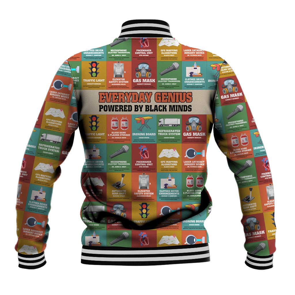 Everyday Genius Powered by Black Minds Baseball Jacket with Colorful Invention Icons Pattern - African Pride