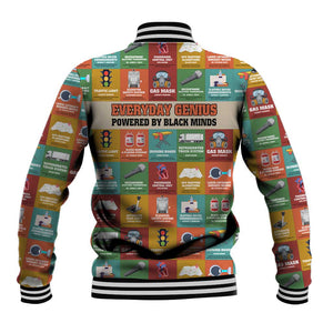 Everyday Genius Powered by Black Minds Baseball Jacket with Colorful Invention Icons Pattern - African Pride