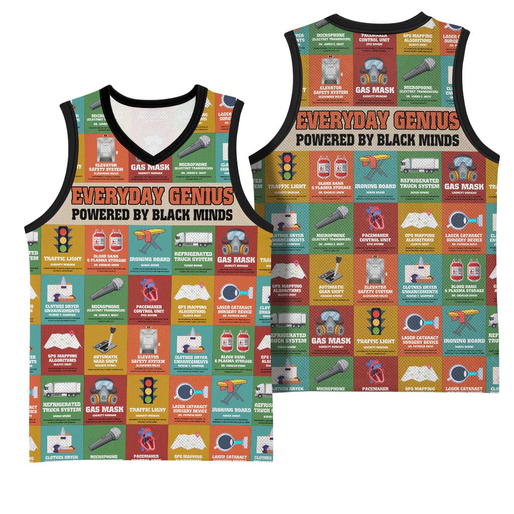 Everyday Genius Powered by Black Minds Basketball Jersey with Colorful Invention Icons Pattern - African Pride