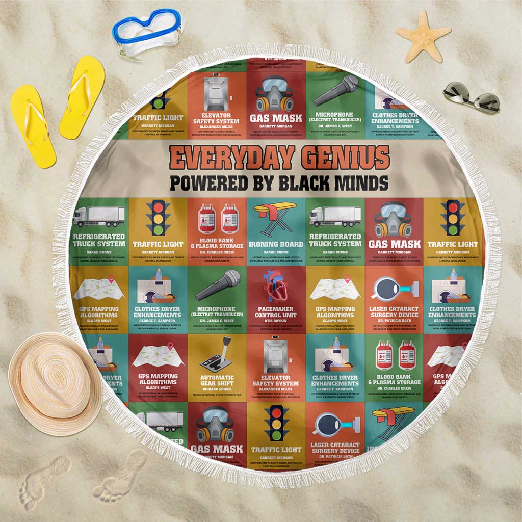 Everyday Genius Powered by Black Minds Beach Blanket with Colorful Invention Icons Pattern - African Pride