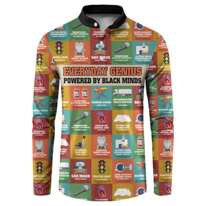 Everyday Genius Powered by Black Minds Button Sweatshirt with Colorful Invention Icons Pattern