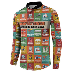 Everyday Genius Powered by Black Minds Button Sweatshirt with Colorful Invention Icons Pattern