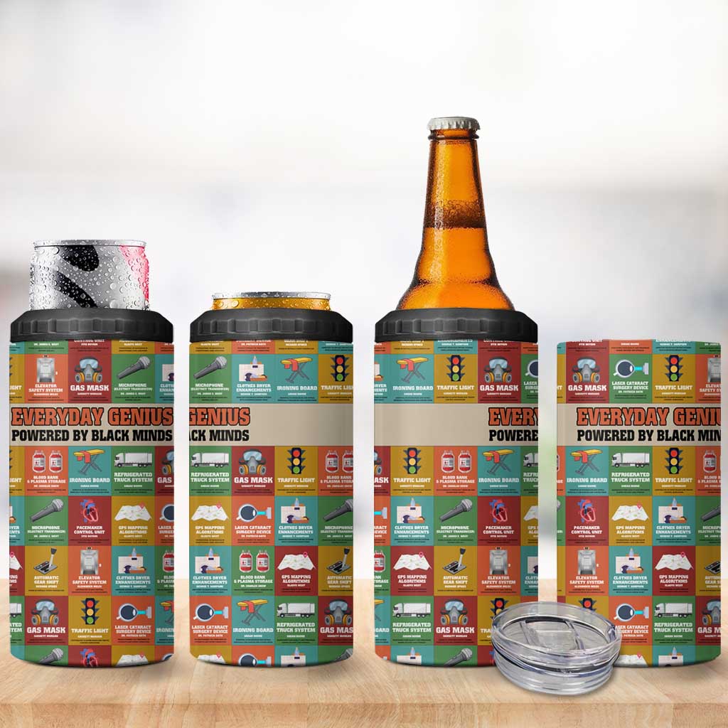 Everyday Genius Powered by Black Minds 4 in 1 Can Cooler Tumbler with Colorful Invention Icons Pattern - African Pride