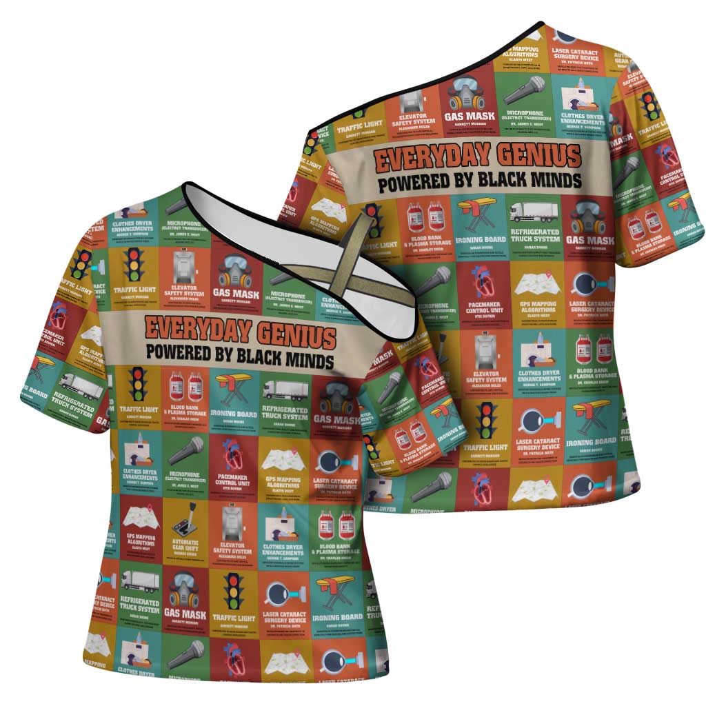 Everyday Genius Powered by Black Minds Cross Shoulder Shirt with Colorful Invention Icons Pattern - African Pride