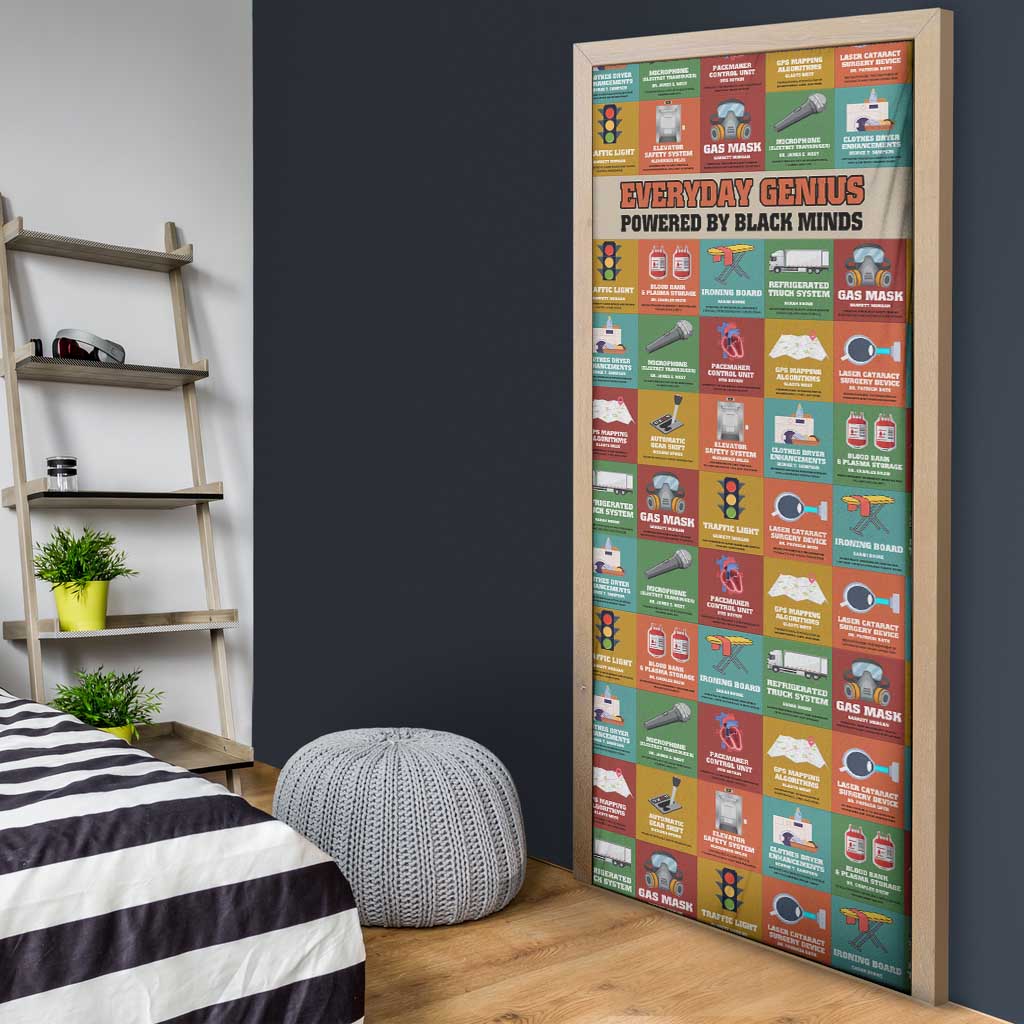 Everyday Genius Powered by Black Minds Door Cover with Colorful Invention Icons Pattern - African Pride