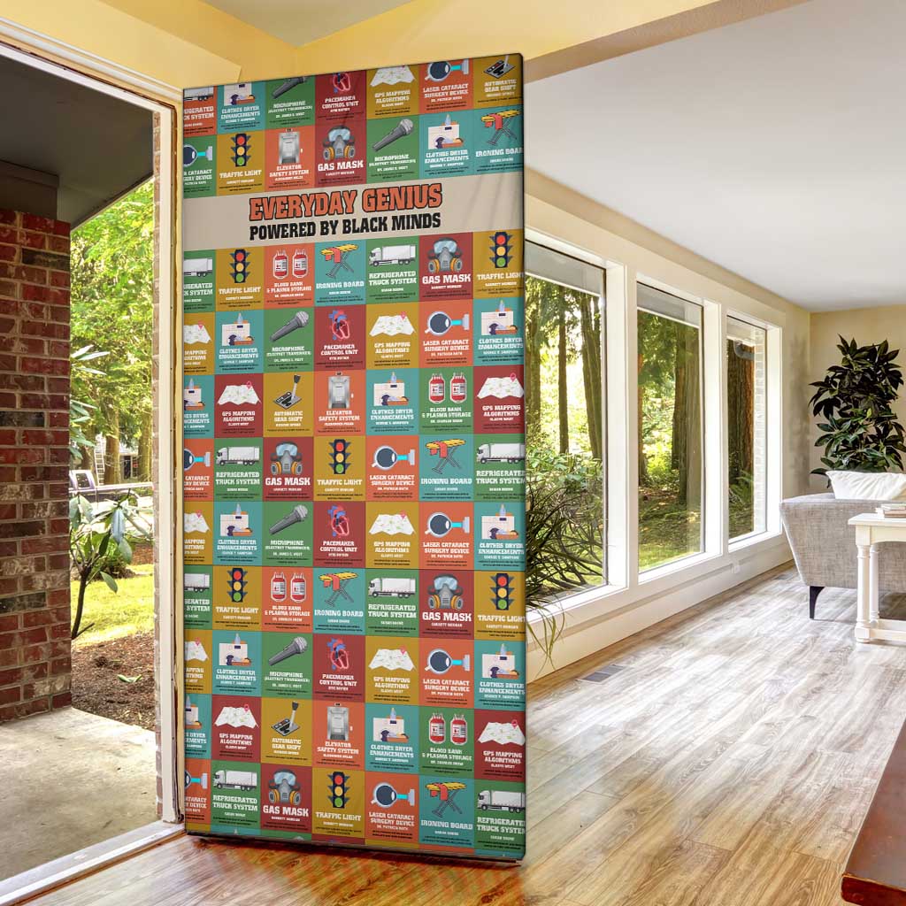 Everyday Genius Powered by Black Minds Door Cover with Colorful Invention Icons Pattern - African Pride