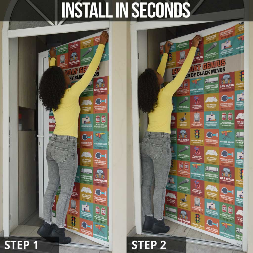 Everyday Genius Powered by Black Minds Door Cover with Colorful Invention Icons Pattern - African Pride