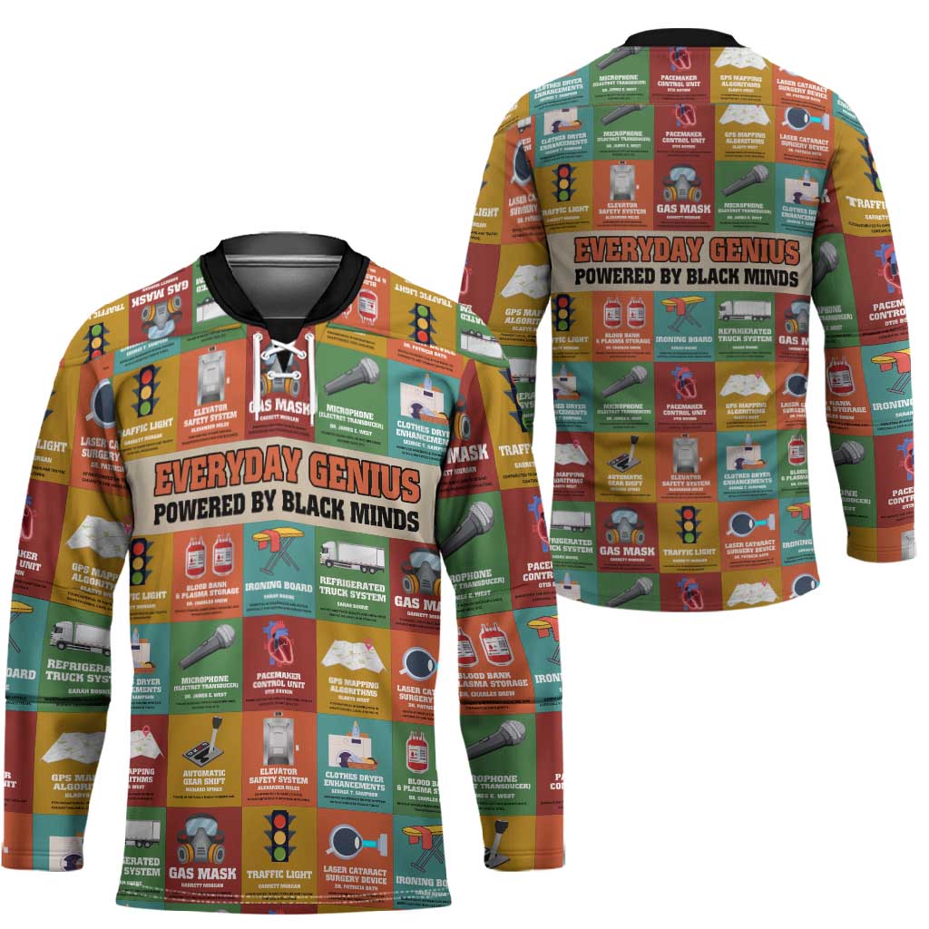 Everyday Genius Powered by Black Minds Hockey Jersey with Colorful Invention Icons Pattern - African Pride