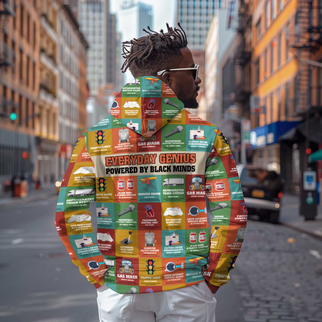Everyday Genius Powered by Black Minds Hoodie with Colorful Invention Icons Pattern - African Pride