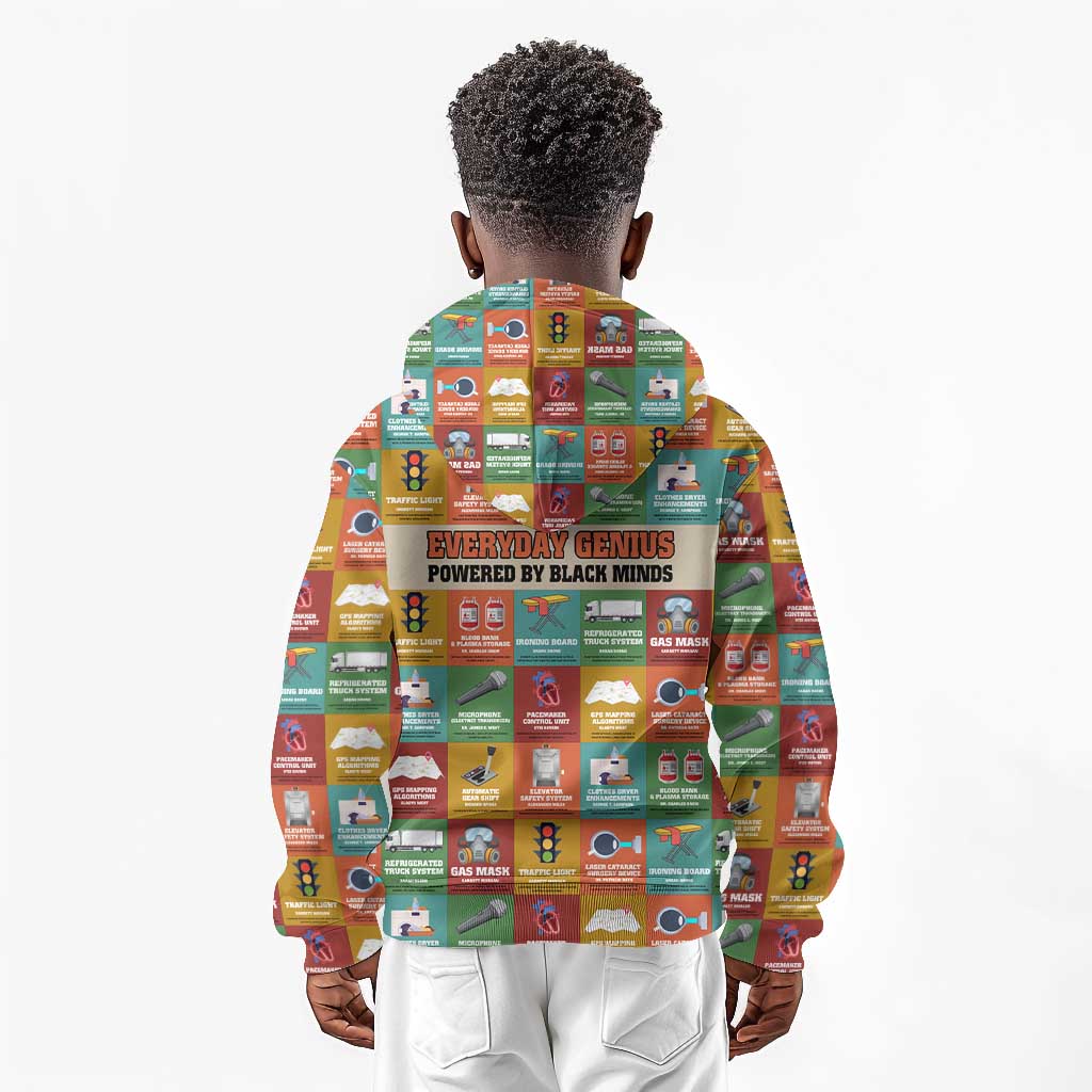 Everyday Genius Powered by Black Minds Kid Hoodie with Colorful Invention Icons Pattern - African Pride