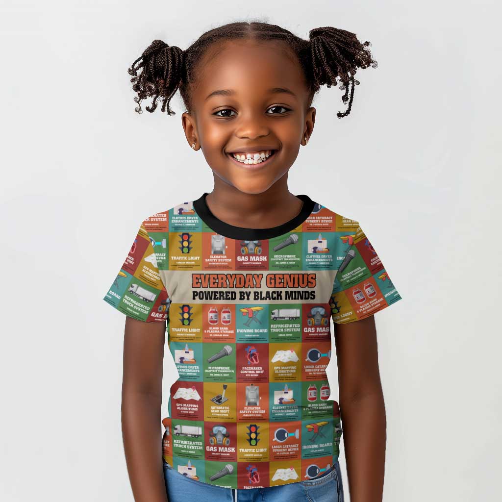 Everyday Genius Powered by Black Minds Kid T shirt with Colorful Invention Icons Pattern - African Pride