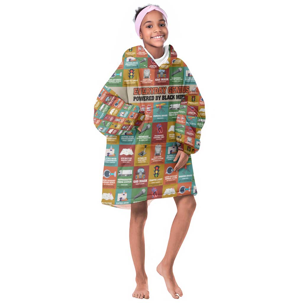 Everyday Genius Powered by Black Minds Kid Wearable Blanket Hoodie with Colorful Invention Icons Pattern - African Pride