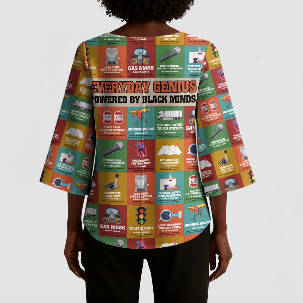 Everyday Genius Powered by Black Minds Kimono Sleeve Blouse with Colorful Invention Icons Pattern - African Pride