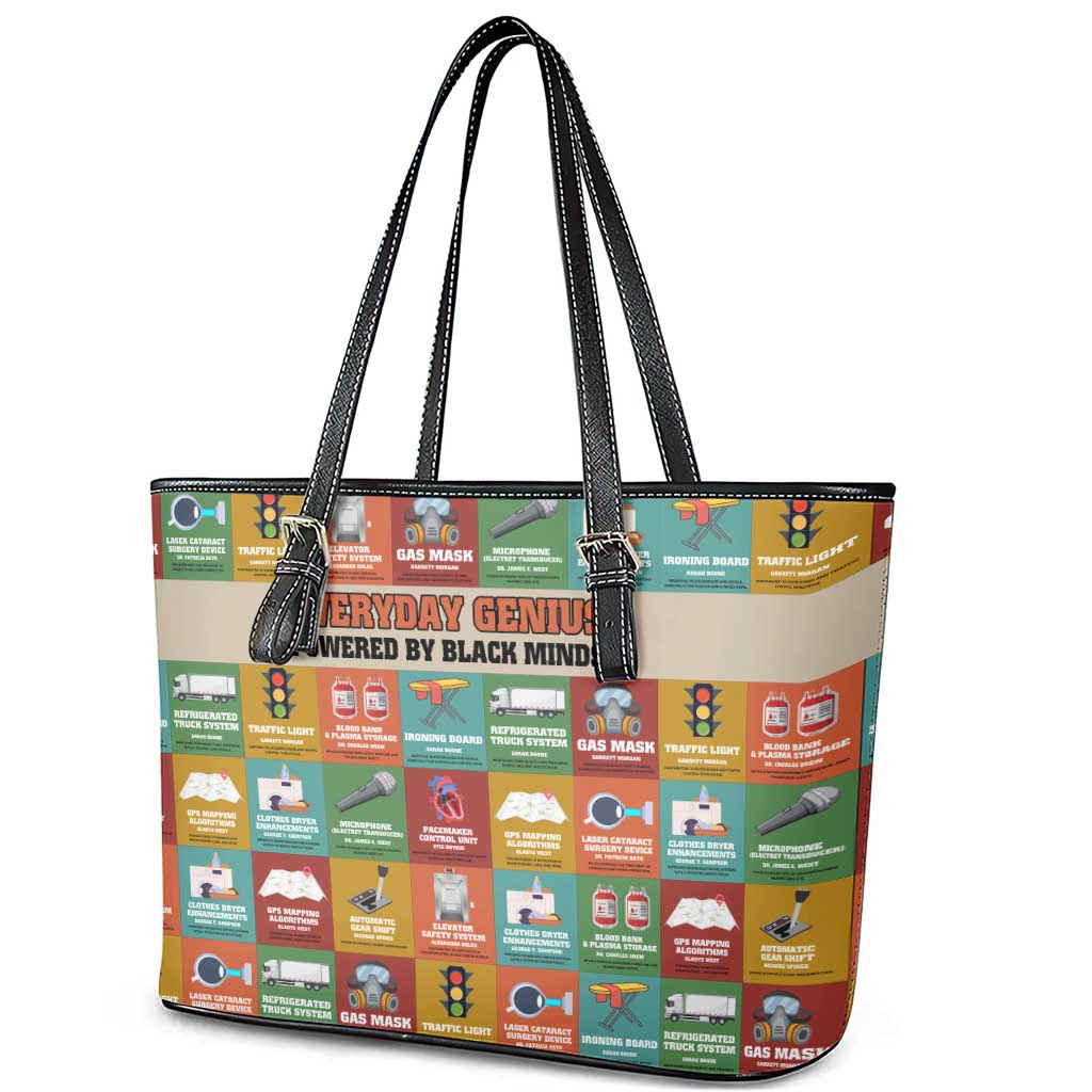 Everyday Genius Powered by Black Minds Leather Tote Bag with Colorful Invention Icons Pattern - African Pride