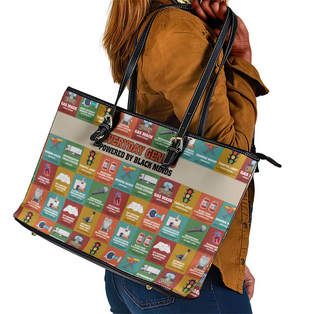 Everyday Genius Powered by Black Minds Leather Tote Bag with Colorful Invention Icons Pattern - African Pride