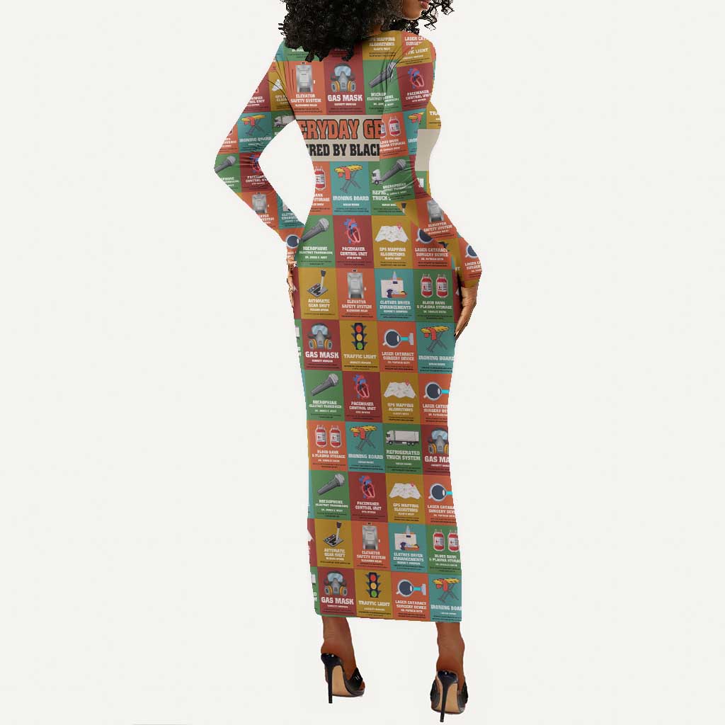 Everyday Genius Powered by Black Minds Long Sleeve Bodycon Dress with Colorful Invention Icons Pattern - African Pride