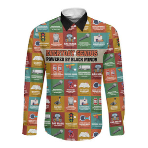 Everyday Genius Powered by Black Minds Long Sleeve Button Shirt with Colorful Invention Icons Pattern - African Pride