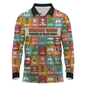 Everyday Genius Powered by Black Minds Long Sleeve Polo Shirt with Colorful Invention Icons Pattern - African Pride