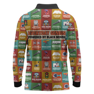 Everyday Genius Powered by Black Minds Long Sleeve Polo Shirt with Colorful Invention Icons Pattern - African Pride