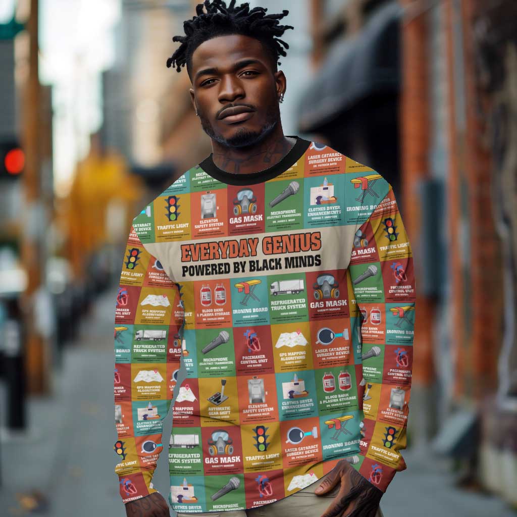 Everyday Genius Powered by Black Minds Long Sleeve Shirt with Colorful Invention Icons Pattern - African Pride