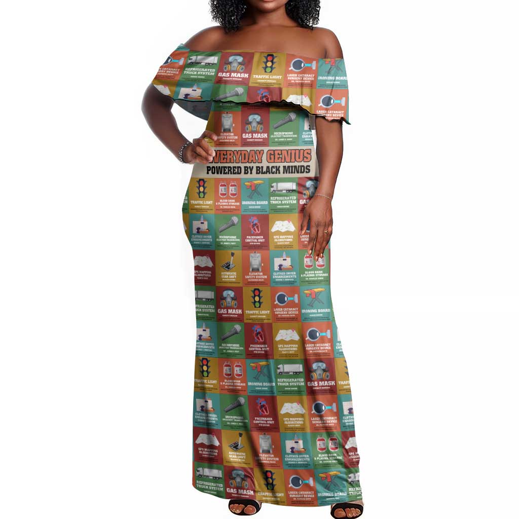 Everyday Genius Powered by Black Minds Off Shoulder Maxi Dress with Colorful Invention Icons Pattern - African Pride