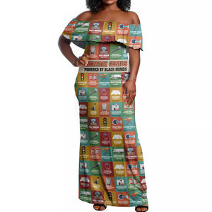 Everyday Genius Powered by Black Minds Off Shoulder Maxi Dress with Colorful Invention Icons Pattern - African Pride