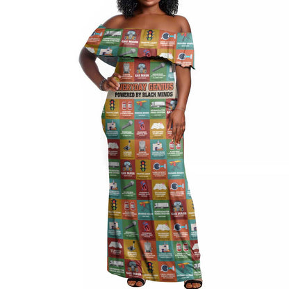 Everyday Genius Powered by Black Minds Off Shoulder Maxi Dress with Colorful Invention Icons Pattern - African Pride