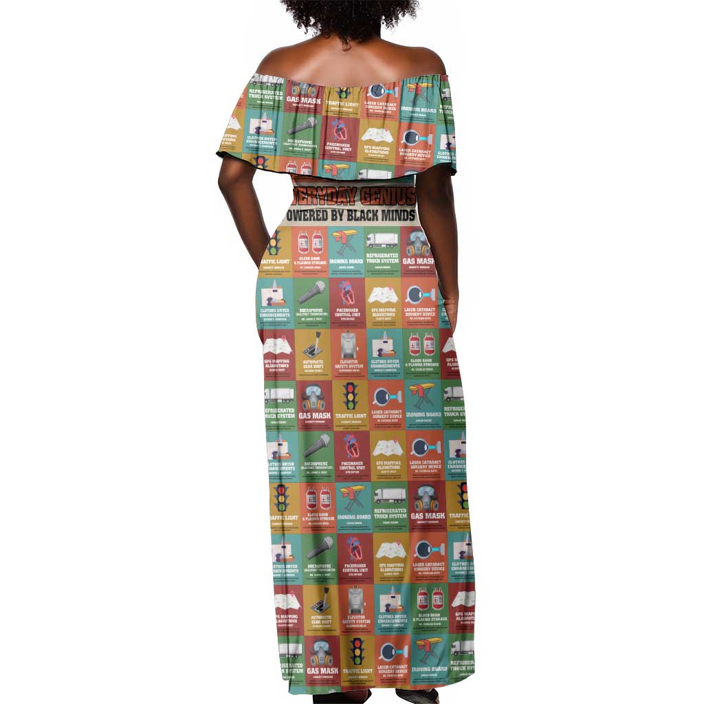 Everyday Genius Powered by Black Minds Off Shoulder Maxi Dress with Colorful Invention Icons Pattern - African Pride
