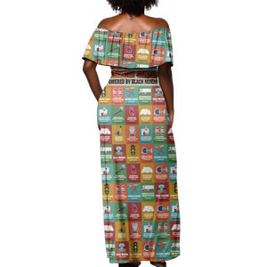 Everyday Genius Powered by Black Minds Off Shoulder Maxi Dress with Colorful Invention Icons Pattern - African Pride