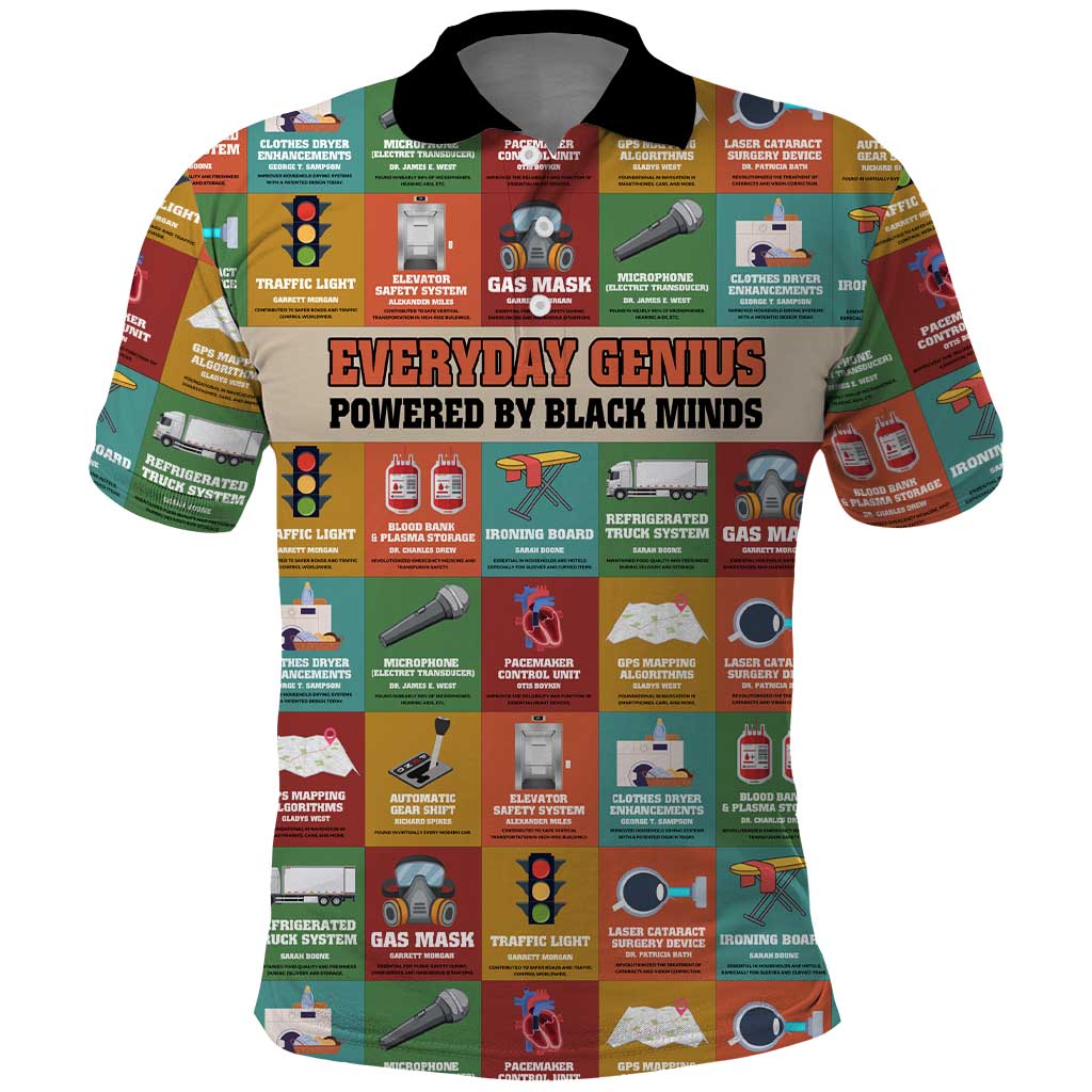 Everyday Genius Powered by Black Minds Polo Shirt with Colorful Invention Icons Pattern - African Pride