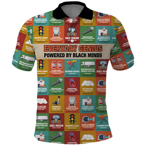 Everyday Genius Powered by Black Minds Polo Shirt with Colorful Invention Icons Pattern - African Pride